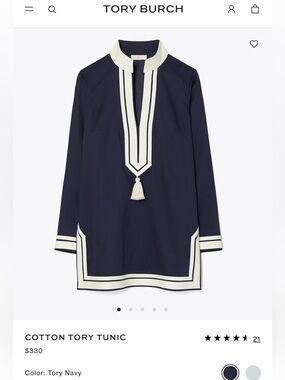 Tory Burch Navy Sheer Tunic Top with tassels and creamy details